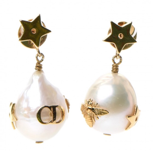 CHRISTIAN DIOR Gold Pearl Star Drop Earrings - Picture 1 of 8